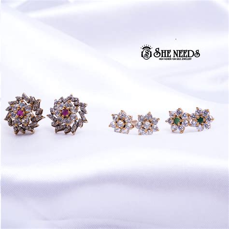 Dual Lotus & Floral CZ Studs – She Needs 1 Gram Gold & Silver Jewellery