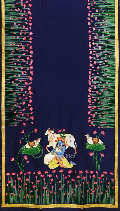 Navy Blue Hand-Painted Pichwai Pattachitra Saree – IndianVillèz