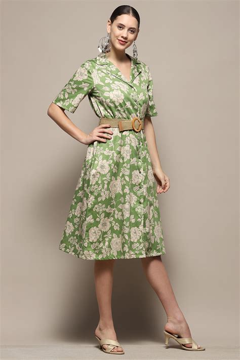 Green Pure Cotton Floral Printed Straight Dress at Biba India