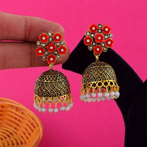 Attractive Red Color Oxidised Earrings Crafted For Parties, Celebratio ...
