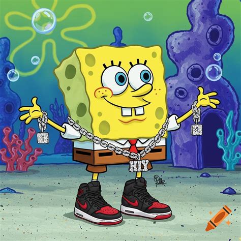 SpongeBob SquarePants wears diamond chains and red and black sneakers ...