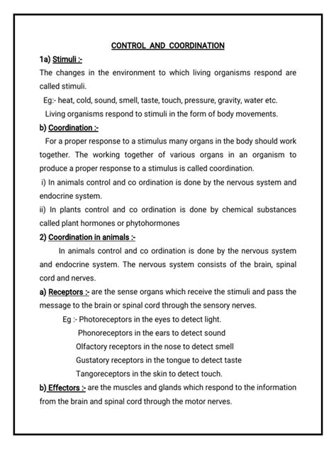 Image result for Control and Coordination Notes From PDF