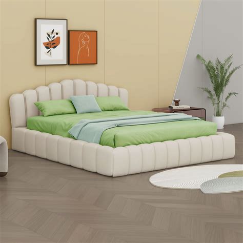 Mercer41 Upholstered Bed Frame Floor Bed Shell-Shaped Headboard ...
