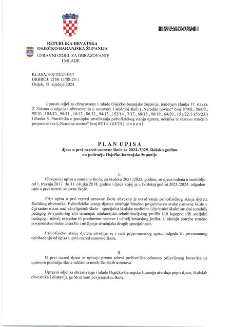Plan upisa djece u prvi razred osnovne škole za 2024./2025. školsku ...