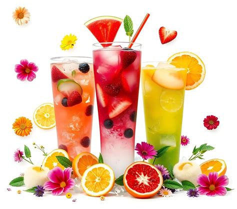 Photorealistic floating decorations of jugos de frutas assorted fruit ...