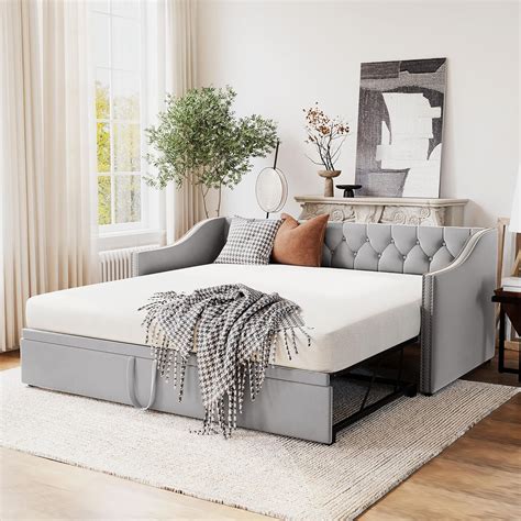 Amazon.com: Twin Size Upholstered Daybed with Pop Up Trundle, Twin to ...