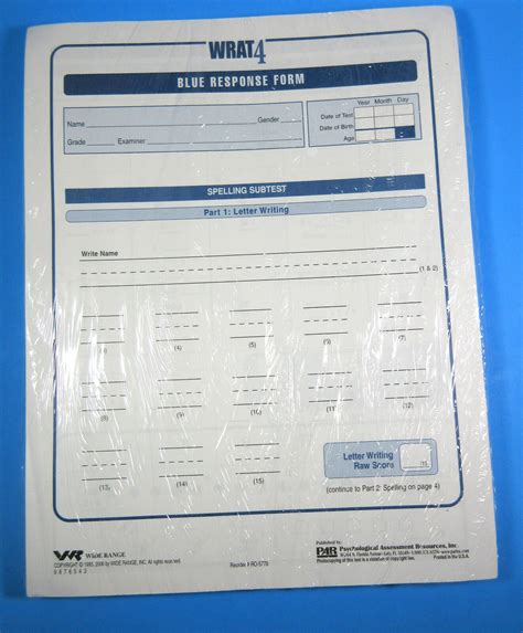 WRAT 4 Wide Range Achievement Test Blue Test & Response Forms 4th ...