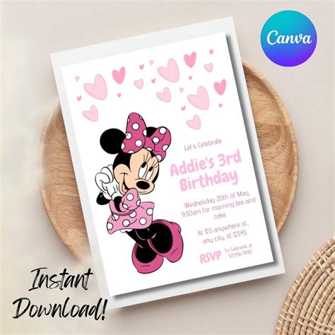 Minnie Mouse 3rd Birthday Invitation - Editable Digital Template ...