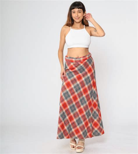 70s Long Plaid Skirt Red Grey Maxi Skirt A-line Tartan High Waisted ...