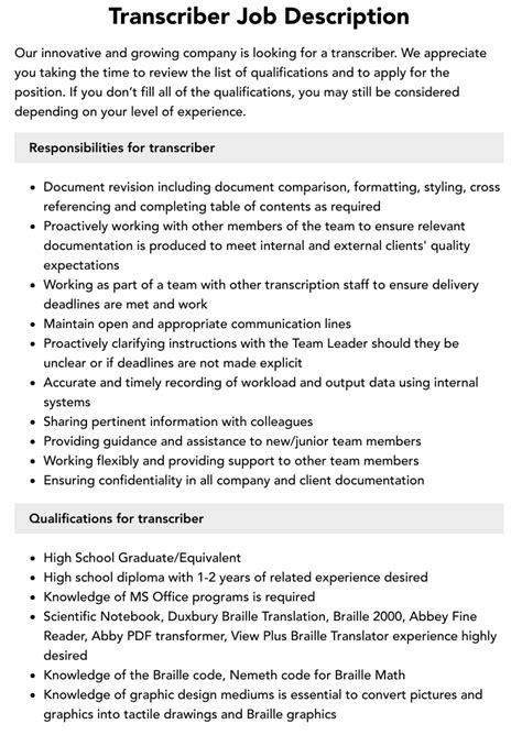 Image result for Transcriber Job Description