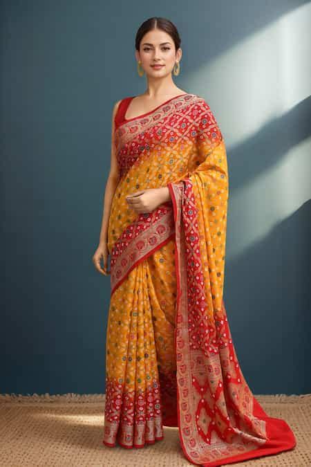 Buy Yellow Silk Embroidery Banarasi Bandhej Saree Set For Women by ...
