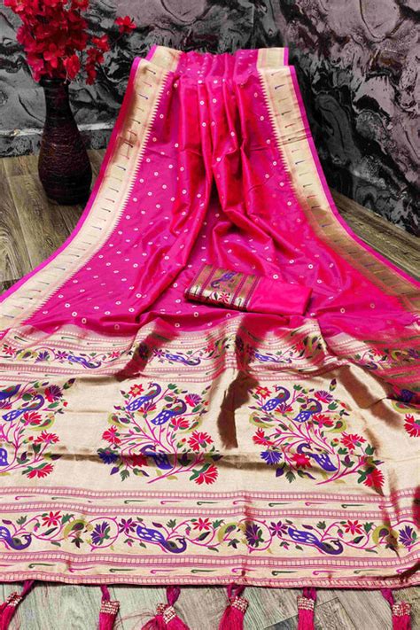 Invaluable Dark Pink Paithani Silk Saree With Ethnic Blouse Piece ...