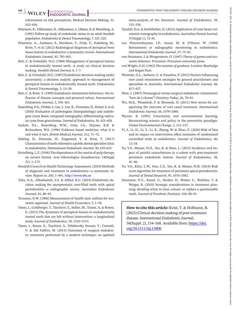 Int Endodontic J - 2022 - Kvist - Clinical decision making of post‐treatment disease.pdf - measurement of health status