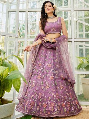 Buy Panchhi Purple Zarkan Embroidery Semi-Stitched Lehenga with Blouse ...