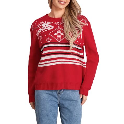 Women's Christmas Sweaters Classic Snowflake Stripes Print Long Sleeve ...