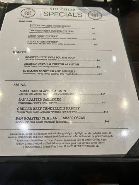 Menu at 501 Prime pub & bar, Hot Springs