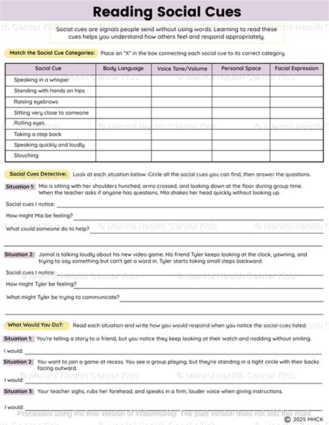 Reading Social Cues Worksheets (2 Pages) - Mental Health Center Kids