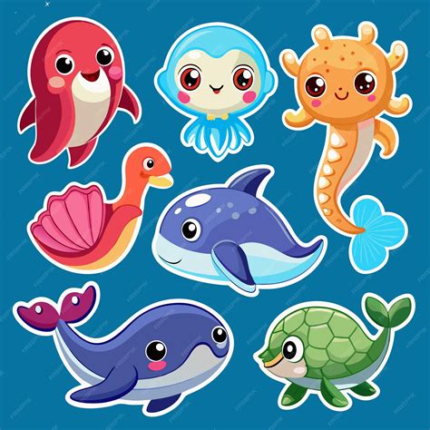 An illustration of seven cute cartoon sea creatures including a dolphin ...