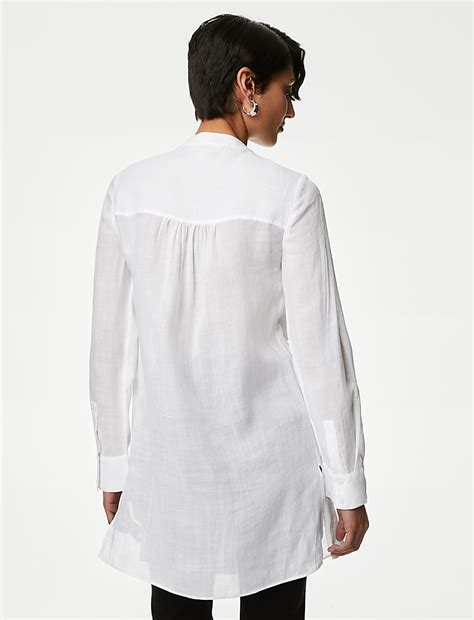 Buy Ramie Collarless Pintuck Longline Shirt at Marks & Spencer