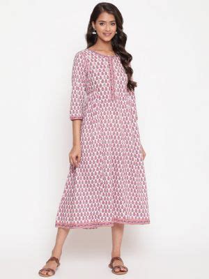 Buy SAVI White And Pink Cotton Floral Flared Dress Online