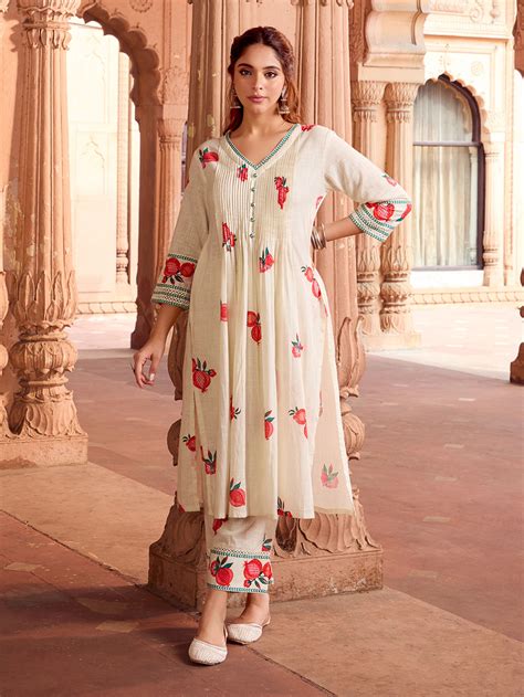 Ivory Printed Cotton Slub Kurta with Pants- Set of 2