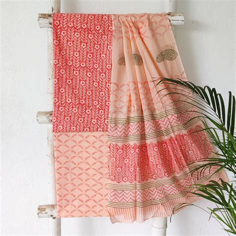 ROZANA-Pure Cotton Jaipuri Orange With Peach Flower Creeper Top Fabric ...
