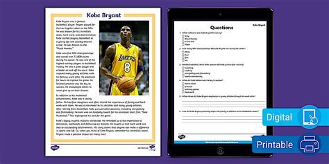 Third Grade Kobe Bryant Reading Comprehension Worksheet