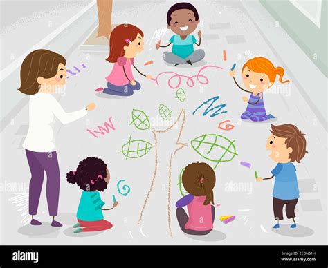 Illustration of Stickman Kids Using Chalk Drawing and Doodling at the ...