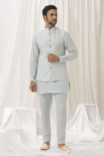 Buy Blue Silk, Cotton, Polyester Embroidery Powder Kurta Set With Bundi ...