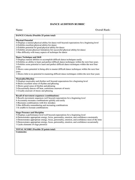 Fillable Online DANCE AUDITION RUBRIC Fax Email Print - pdfFiller