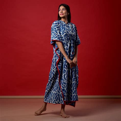 Indigo Splash Hand Block Print Pom Pom Kaftan – Fashiana