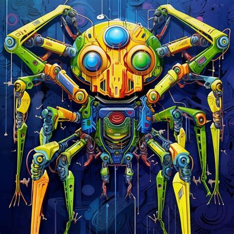 Brightly colored artwork of a spider with a large head and legs ...