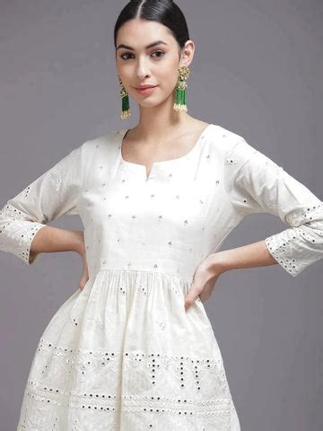 Buy Off-White Mirror Work Cotton A-Line Kurti With Palazzos Online at ...