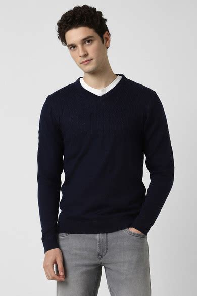 Buy Men Navy Textured V Neck Sweater Online - 39824705 | Peter England