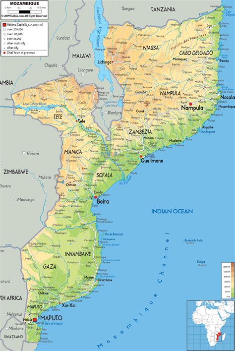 Large physical map of Mozambique with roads, cities and airports ...