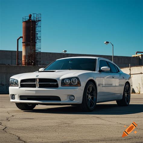 White Dodge Charger with black hood parked in front of a city skyline at sunset. on Craiyon