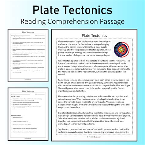 Plate Tectonics | Reading Comprehension Passage Printable Worksheet ...