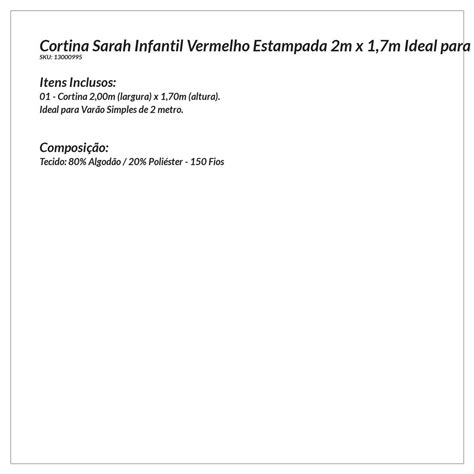 Cortina Sarah Infantil Vermelho Estampada 2m x 1,7m Ideal para Varão Simples de 2 Metros ...