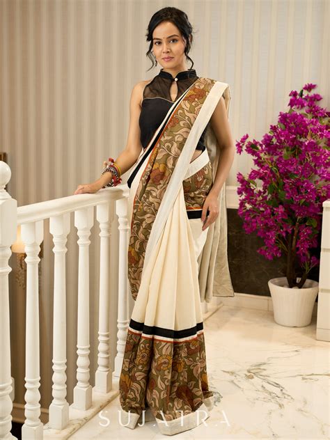 Elegant off white cotton saree with exclusive kalamkari combination ...