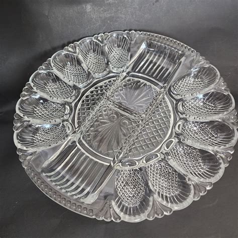 L E Smith Deviled Egg Server Clear Glass 11 in Diameter Relish Tray ...