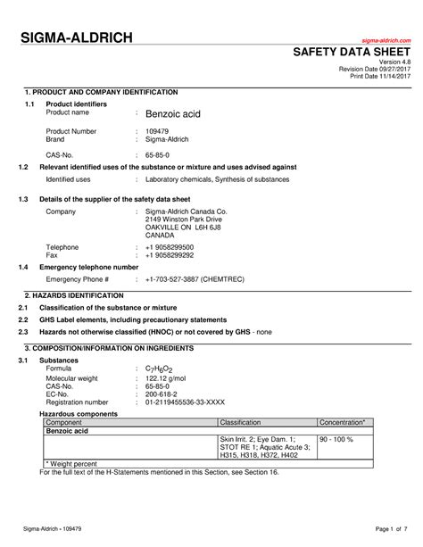 SDS benzoic acid (Aldrich) 2017 - SIGMA-ALDRICH sigma-aldrich SAFETY ...
