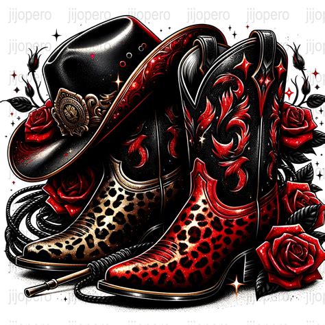 Cowboy Boots and Hat PNG, Western Digital Art, Red Roses Illustration ...