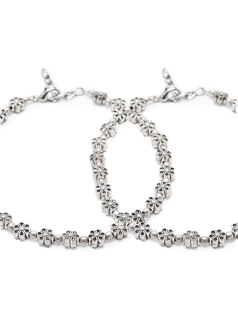 German Oxidised Silver Anklets Engraved Flower Design Payal Silver Pla ...