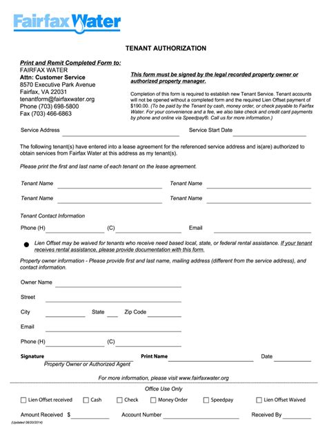 2014-2026 Form Fairfax Water Tenant Authorization - Blank Fillable ...