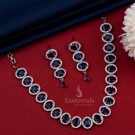 Stunning Oval Pattern Party Wear AD Necklace Set - Rhodium Silver ...