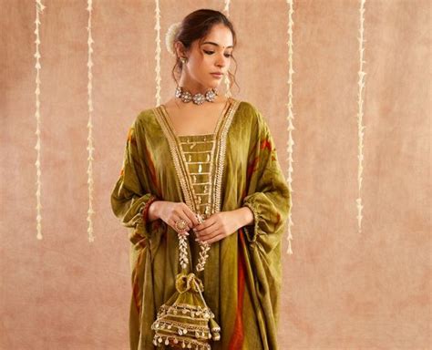 Green Gota Work Satin Silk Kaftan with Pants and Potli- Set of 3