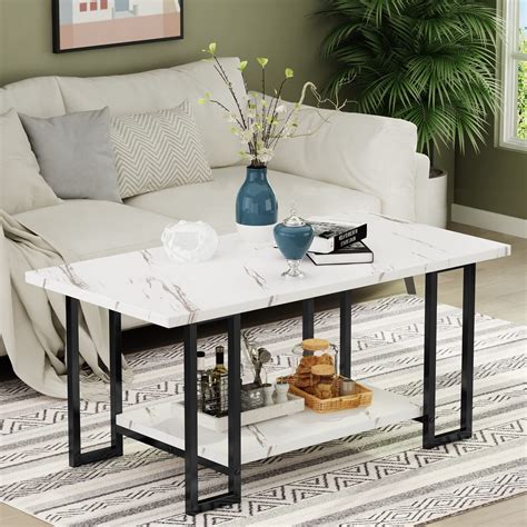 furlinkhm Marble Coffee Table, Faux Marble Top Rectangular Coffee Table with Black Metal Frame,2 ...