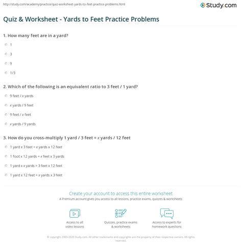 Quiz & Worksheet - Yards to Feet Practice Problems | Study.com - ratio of yards to feet