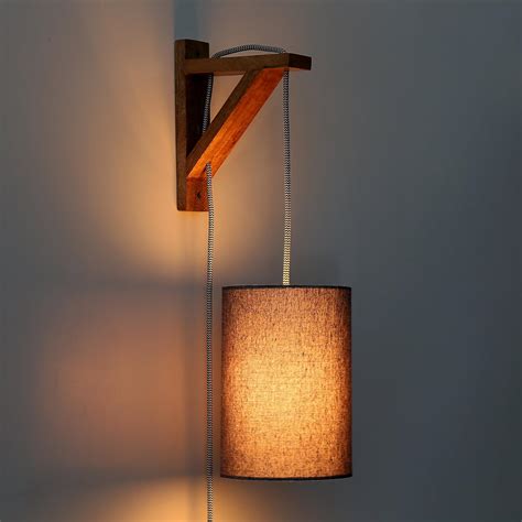 Buy Craftter Premium Sconces Wooden Base Fabric Shade Round Wall Lamp ...