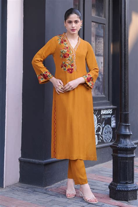Kashmiri Embroidery A-line Kurta Set - MUSTARD – Jasminum